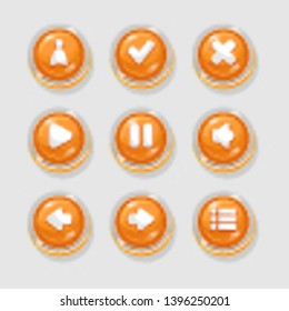 
Round orange buttons for interfaces and menus of games and applications with user icons, a check mark and a cross, arrows, play, pause, sound, options.