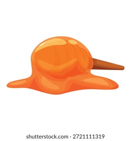 Round orange candy on a stick is melting, creating a puddle of sweet, sticky goodness