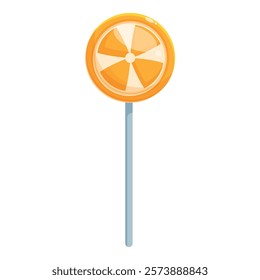 Round orange flavored lollipop with swirl design resting on stick isolated on white background