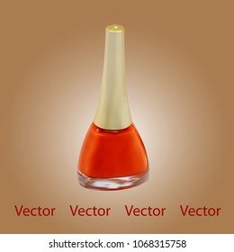 Round orange glossy nail polish bottle with beige cap. Realistic packaging mockup template. Vector illustration.
