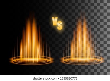 Round orange glow rays night scene with sparks on transparent background. Empty light effect podium. Magic fantasy portal. Futuristic teleport. Vector effect illustration. Frame, VS.