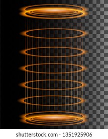 Round orange glow rays night scene with sparks on transparent background. Empty light effect podium. Magic fantasy portal. Futuristic teleport. Vector effect illustration.