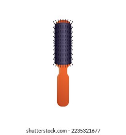 Round orange hair brush. Vector illustration of hairbrush for hair care. Cartoon grooming equipment of hairdresser isolated on white background. Barbershop, beauty concept