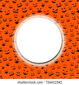 Round orange halloween background with black pumpkin faces pattern. Vector illustration.