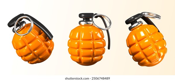Runde orangefarbene Handgranate mit Metallring. Detaillöslicher Sprengstoff mit Rippenschale