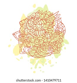 The round orange linear pattern on the background of drops of paint. Organic textile. Doodle Sketch style vector collection. Beauty concept.