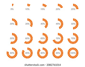 Barras de carga redondeadas de color naranja con números porcentuales divididos en segmentos de 1 a 20. Se han establecido símbolos de progreso, de espera o de descarga. Elementos infográficos para la interfaz del sitio web. Ilustración plana vectorial.
