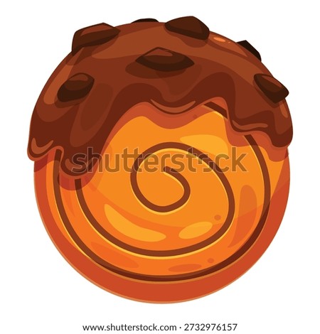 Round orange pastry with a spiral design, generously topped with melted chocolate and chocolate chips