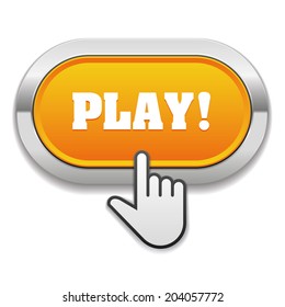 Round orange play button with cursor on white background