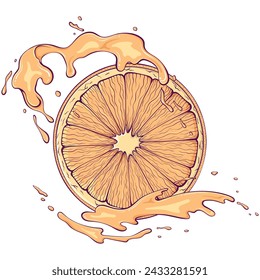 Round orange slice with juice splash. Liquid drops. Vector illustration in hand drawn cartoon style. Close up citrus fruit ingredient for fresh juice isolated on white