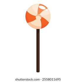 Round orange and white lollipop with a long stick is standing up on a white background