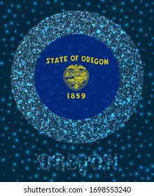 Round Oregon badge. Flag of Oregon in glowing network mesh style. US state network logo. Classy vector illustration.