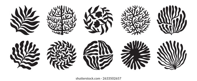 Round organic flower elements set. Trendy circle floral coral shapes and wavy curves. groovy outlines and naive art blossom boho decor. Vector illustration
