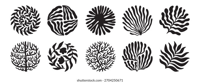 Round organic flower elements set. Trendy circle floral coral shapes and wavy curves. groovy outlines and naive art blossom boho decor. Vector illustration