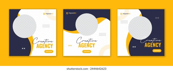 Round organic shape social media post design, corporate agency square template set, yellow color web post