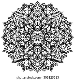 Round oriental ornament. Vector, ornate mandala isolated on white background. Sketch of tattoo. The pattern for embroidery. 