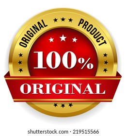 Round original product badge with gold border and red ribbon