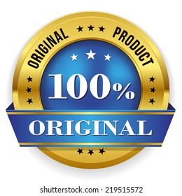 Round original product badge with gold border and blue ribbon