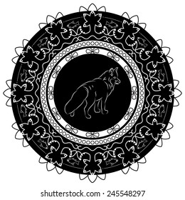 Round ornament with the beast. Decorative element with fox. Monochrome