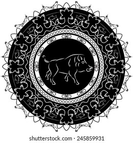 Round ornament with the beast. Decorative element with boar. Monochrome