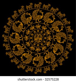 round ornament from birds on black background
