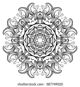 Round ornament for coloring book for adults and kids. Mandala, ethnic decorative element. Black and white. Maybe used for invitations, flyers, postcards, prints
