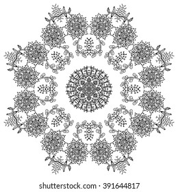 Round ornament for coloring book for adults and kids. Mandala, ethnic decorative element. Black and white. Maybe used for invitations, flyers, postcards, prints