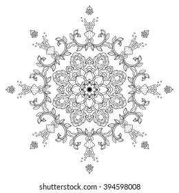Round ornament for coloring book for adults and kids. Mandala, ethnic decorative element. Black and white. Maybe used for invitations, flyers, postcards, prints