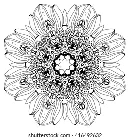 Round ornament for coloring book for adults and kids. Mandala, ethnic decorative element. Black and white. Maybe used for invitations, flyers, postcards, prints