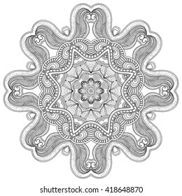 Round ornament for coloring book for adults and kids. Mandala, ethnic decorative element. Black and white. Maybe used for invitations, flyers, postcards, prints