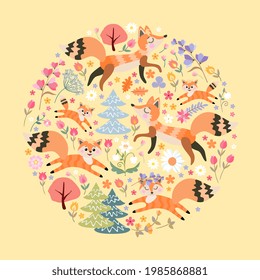 Round ornament with cute foxes among trees and flowers in fairytale forest. 