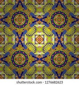 Round ornament decoration. Mandala vector element. Stylized floral motif in yellow, orange and blue colors. Colorful flower.