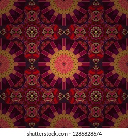 Round ornament decoration. Mandala vector element. Stylized floral motif in purple, brown and red colors. Colorful flower seamless pattern.