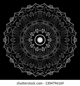 Round Ornament. Decorative Floral Pattern. Vector Illustration. For Interior Design, Printing, Wallpaper. Black silver color.