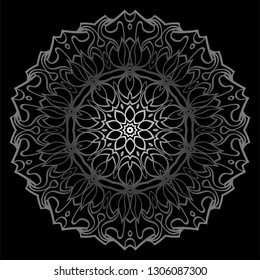 Round Ornament. Decorative Floral Pattern. Vector Illustration. For Interior Design, Printing, Wallpaper. Black silver color.