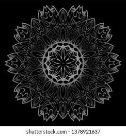 Round Ornament. Decorative Floral Pattern. Vector Illustration. For Interior Design, Printing, Wallpaper. Black silver color.