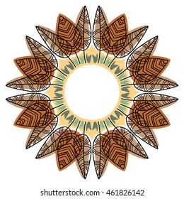 Round ornament decorative isolated element, geometric floral circular pattern. Hand drawn fantasy abstract background