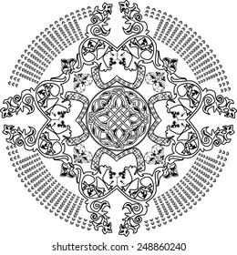 Round ornament with decorative vintage elements. Vector