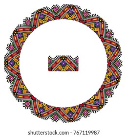 Round ornament of embroidered good like handmade cross-stitch ethnic Ukraine pattern. Template for various goods. New design for plates.