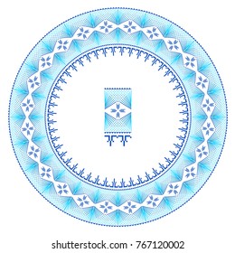 Round ornament of embroidered good like handmade cross-stitch ethnic Ukraine pattern. Template for various goods. New design for plates.