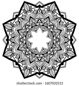 Round ornament with floral elements for smart modern adult coloring or tattoo design. Hand drawn Zen Doodle background