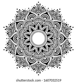 Round ornament with floral elements for smart modern adult coloring or tattoo design. Hand drawn Zen Doodle background