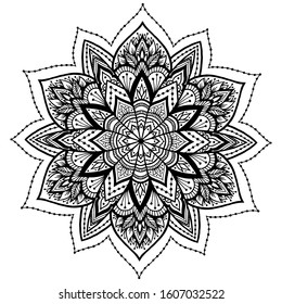 Round ornament with floral elements for smart modern adult coloring or tattoo design. Hand drawn Zen Doodle background