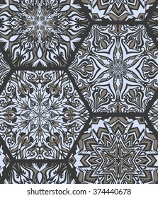 Round ornament floral pattern. blue mosaic on dark background. vector
