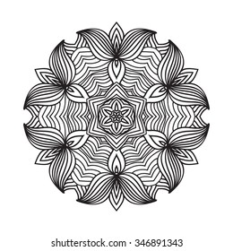 
Round ornament in the form of snowflakes. Ethnic mandala on a white background. It can be used as a logo, tattoo, mehndi, printing and packaging.