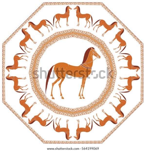 Round ornament, horses silhouettes and ornamental background, ancient Greece style. Decorative figures, symmetry. Greek, Roman pattern. Hand drawn illustration. Wallpaper, fabric, rug, cover, dish design.