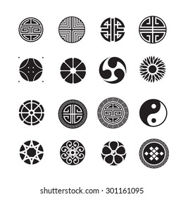 Round ornament icon, chinese, japanese, korean circle vector set