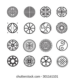 Round ornament icon, chinese, japanese, korean circle vector set