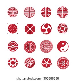 Round ornament icon, chinese, japanese, korean circle vector set