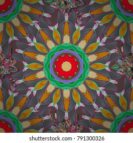 Round ornament with intertwined branches, flowers and curls. Colored Mandala on a gray, yellow and green baqckground. Arabesque. Vector circular abstract mandalas pattern.